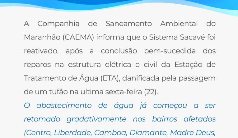 RETOMADA DO ABASTECIMENTO - SÃO LUÍS/SISTEMA SACAVÉM - 23.05
